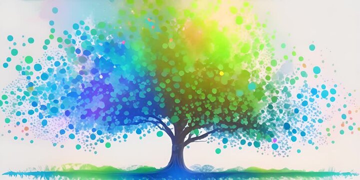 Abstract image of a tree with splashes of green paint. The concept of nature and ecology.