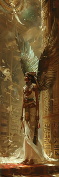 An enchanted library containing the knowledge of the god, Egyptian with a fantasy scenery. 