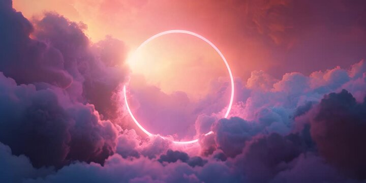 Space scene with a pink neon circle and clouds.