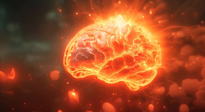Burning brain with sparks and connections. The concept of intelligence and ideas.