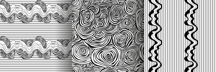 Abstract organic squiggly lines texture circles seamless patterns vector backgrounds set. Modern trendy creative memphis, biological irregular patterns  design