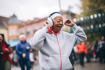senior in headphones and tracksuit dancing in a city square