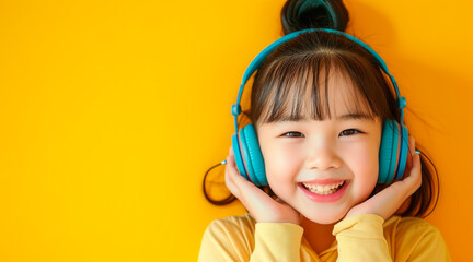 a young asian girl with headphones on in front of a yellow backdrop. happy facial expression::4 , natural light, neutral yellow background