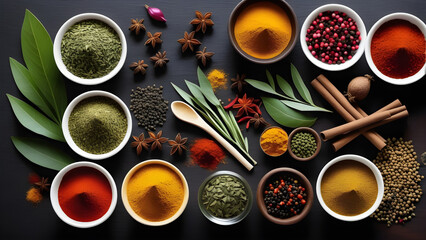 various aromatic colorful spices and herbs ingredients for cooking ayurveda treatments - obrazy, fototapety, plakaty