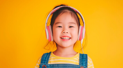 a young asian girl with headphones on in front of a yellow backdrop. happy facial expression::4 , natural light, neutral yellow background