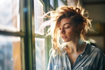 person squinting at sunlight through window, messy hair - obrazy, fototapety, plakaty