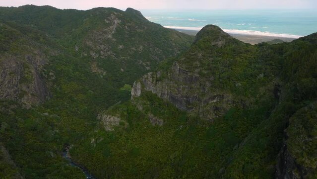 Aerial: Tropical mountain range and forest in the Waitakere Ranges, Auckland, New Zealand