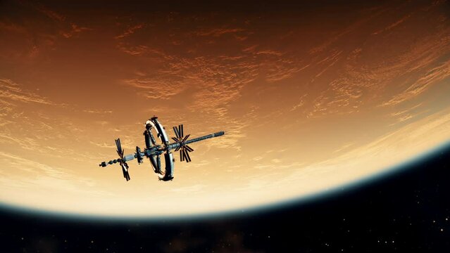 New big space station fly over red planet. 3d animation. 4k.