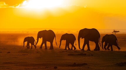 Fototapeta na wymiar Vast Sunset Landscape with Elephant Family AI Generated.