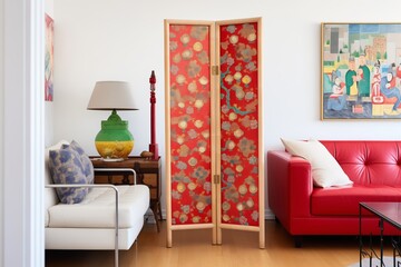 red room divider with oriental artwork against a white wall