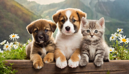 Two puppies and a kitten together - obrazy, fototapety, plakaty