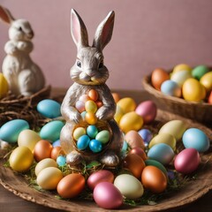 easter bunny with colorful easter choclate eggs in the glass bowl for feast 
