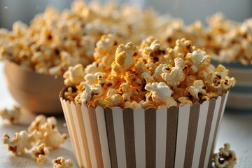 popcorn popping in striped cardboard bucket professional advertising food photography