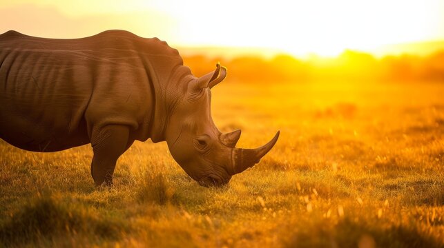 Fototapeta Majestic Rhino Grazing on Grassy Plain at Sunset AI Generated.