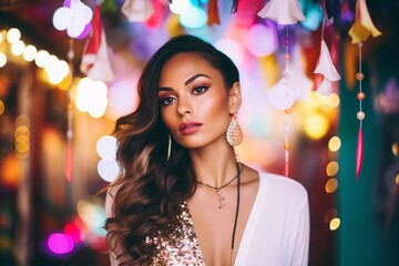 woman with sparkly accessories under colorful club lights