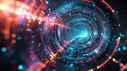 Fototapeta premium Abstract digital tunnel with vibrant blue and red lights, symbolizing high-speed data transmission.