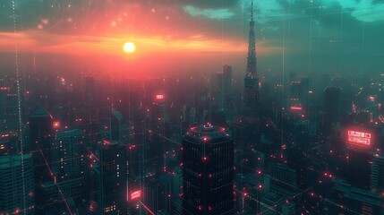 Fototapeta premium The sun sets over a cityscape with a cybernetic network overlay, illustrating the fusion of nature and digital technology.