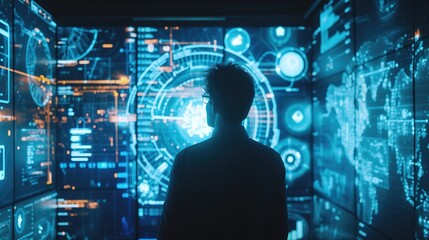 Rear view of a technician monitoring sophisticated network security operations on large screens in a modern data center.
