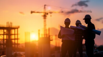 Fototapeta premium Silhouette Teams of Business Engineers looking for blueprints in construction sites through blurry construction sites at sunset.