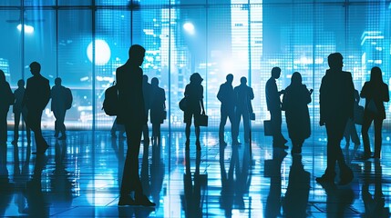 Silhouette of busy business people commuting inside a modern corporate building with a vibrant blue tone and city lights in the background.