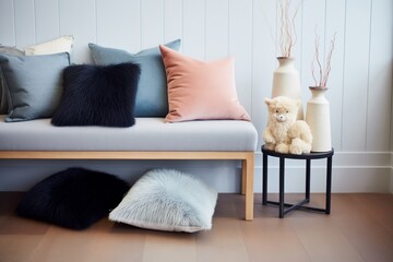 a collection of faux fur cushions on a plush grey carpet