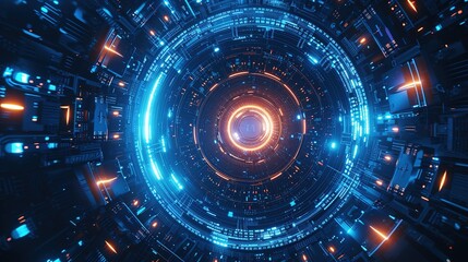 Fototapeta premium A captivating cybernetic portal with a glowing orange core and blue lights, symbolizing advanced technology and data transfer.