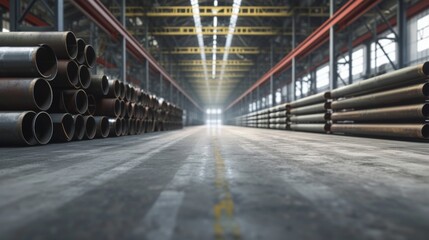 steel pipe product, row of shelf and concrete floor inside large warehouse building, factory or store. Concept of metallurgy industry, steel production, engineering and manufacturing. - obrazy, fototapety, plakaty