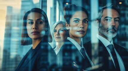 A diverse group of professionals is reflected on a glass surface, showcasing a corporate team's determined and focused expressions against a backdrop of a city's architecture.