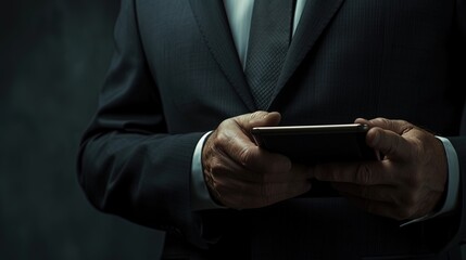 Close-up of a businessman's hands holding a tablet, showcasing technology usage in a serious, professional corporate atmosphere.