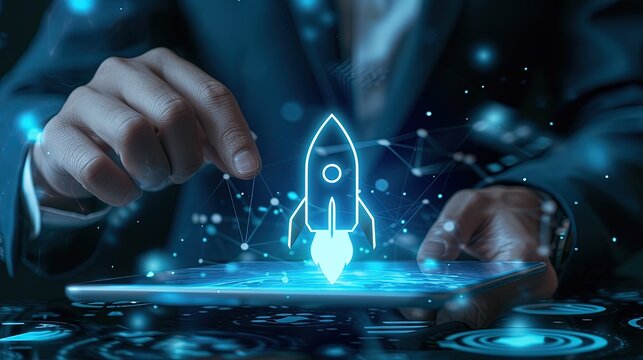 Close-up of a businessman's hands launching a holographic rocket from a tablet, symbolizing startup innovation and digital growth.
