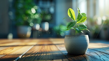 Lush green potted plant on a rustic wooden table, highlighted by soft bokeh light filtering through a window.