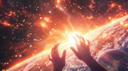A conceptual image of human hands reaching towards a burst of cosmic energy, symbolizing power, creation, and connection with the universe. - obrazy, fototapety, plakaty
