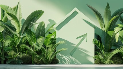 Digital art of a house silhouette with a growth arrow, nestled in lush tropical foliage, representing the concept of green development in real estate.