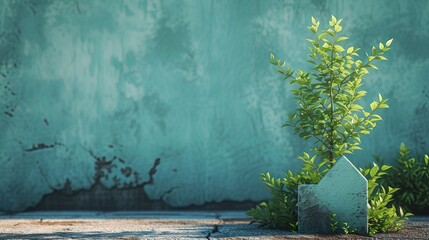 A young plant sprouting from a concrete house-shaped icon, set against a textured blue wall, embodying concepts of eco-friendly living and green housing. - obrazy, fototapety, plakaty