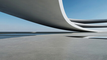 3d render of abstract wavy futuristic architecture with concrete floor.
