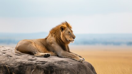 Majestic Lion Relaxing on Rock in Golden Savannah AI Generated