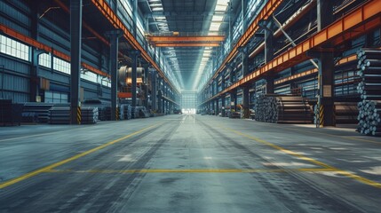 steel pipe product, row of shelf and concrete floor inside large warehouse building, factory or store. Concept of metallurgy industry, steel production, engineering and manufacturing. - Powered by Adobe