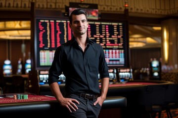 man with confident stance in front of casino leader board
