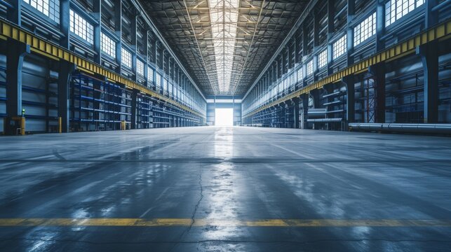steel pipe product, row of shelf and concrete floor inside large warehouse building, factory or store. Concept of metallurgy industry, steel production, engineering and manufacturing.