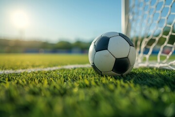Fototapeta premium Soccer ball on green grass of football field with net and sunlight. copy space