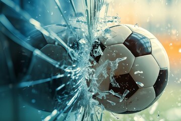 A soccer ball smashed the glass facade of a building in the rain.