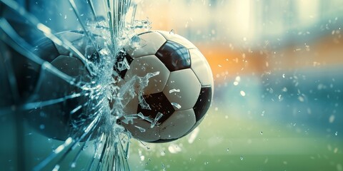 A soccer ball smashing the glass facade of a building in the rain. cope space - obrazy, fototapety, plakaty