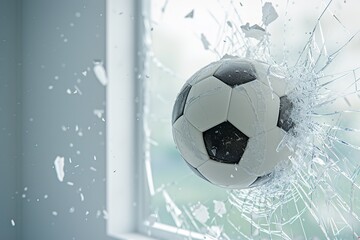 A soccer ball smashed a window pane at school. - obrazy, fototapety, plakaty