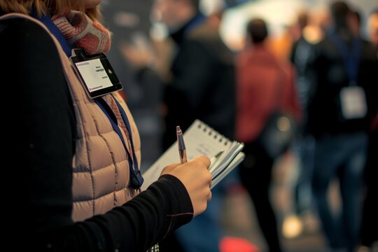 journalist with press pass around neck, taking notes at event
