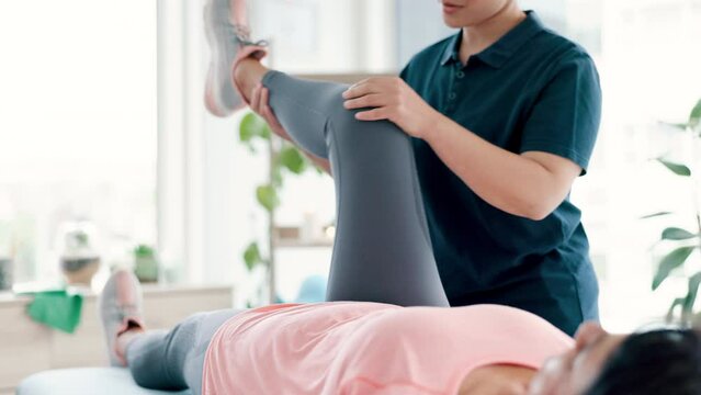 Women, physiotherapy and leg consultation for stretching muscle as rehabilitation for injury, mobility or strength. Female person, bench and trust for healing support or knee pain, joint or exercise