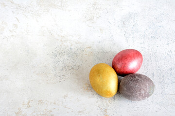 group of easter eggs isolated on marble background copy space