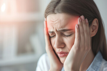 A close-up of a woman in severe discomfort, holding her head, her expression fraught with pain, ideal for topics related to health issues such as headaches or mental strain. High quality illustration