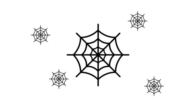 Zoom in and out animation the spider web symbol. Large black symbol in the center and four small symbols around. Seamless looped 4k animation on white background