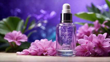 Obraz na płótnie Canvas oil with purple flowers, tropical leaves background with copy space, cosmetics product advertising banner