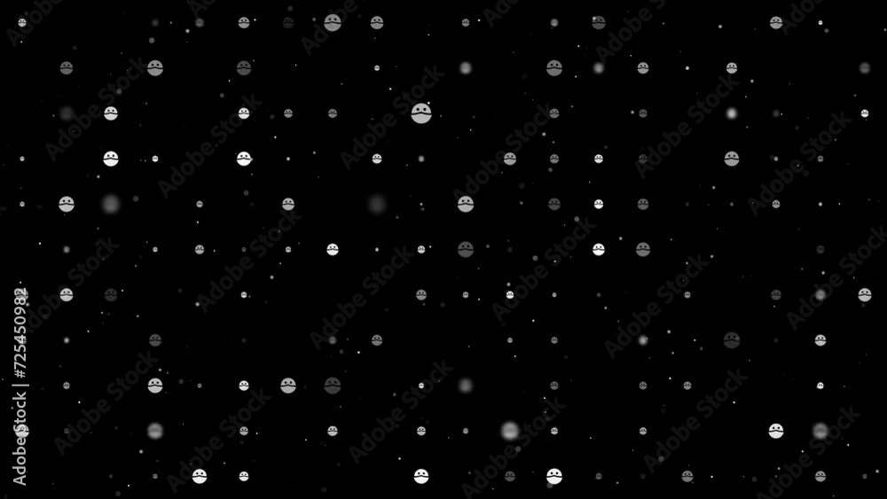 Poster template animation of evenly spaced masked face symbols of different sizes and opacity. animation of